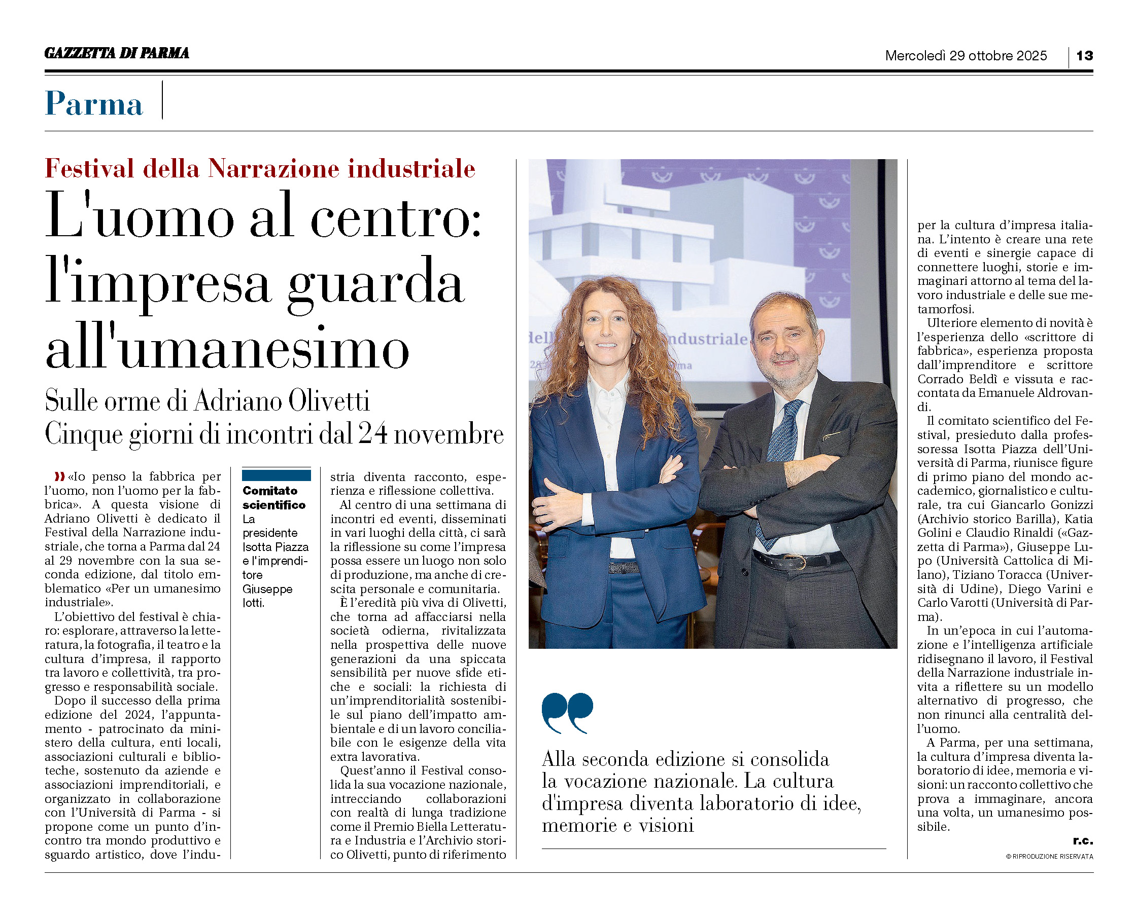 Gazzetta di Parma: L'uomo al centro: l'impresa guarda all'umanesimo